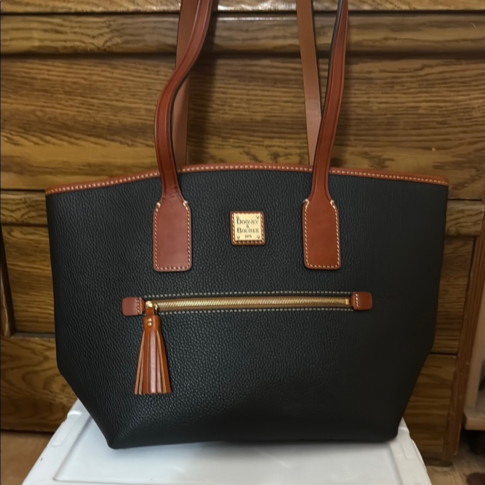 Dooney & Bourke Black and Brown Structured Tote with Tassel